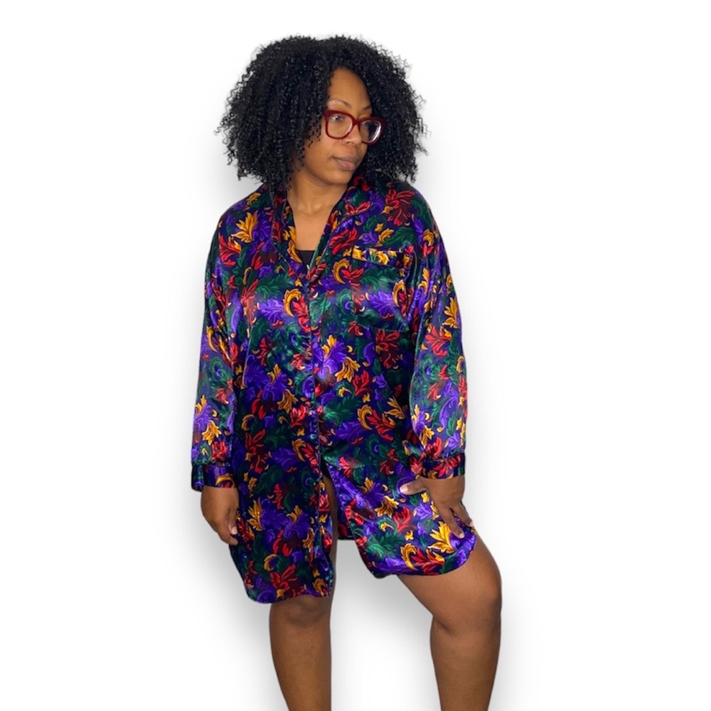 Satin and Beaux Pajama Night Shirt Brocade Vintage Long Sleeve Royal